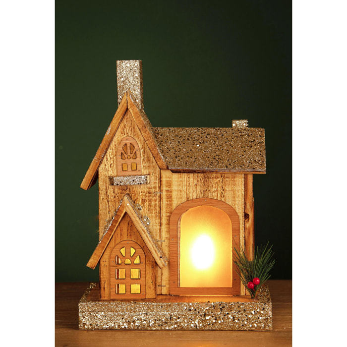 Casetta con 18 Led Legno innevata - Pezzi 1 - Colore Multicolore - 24x34Hx11cm - Bianchi Dino