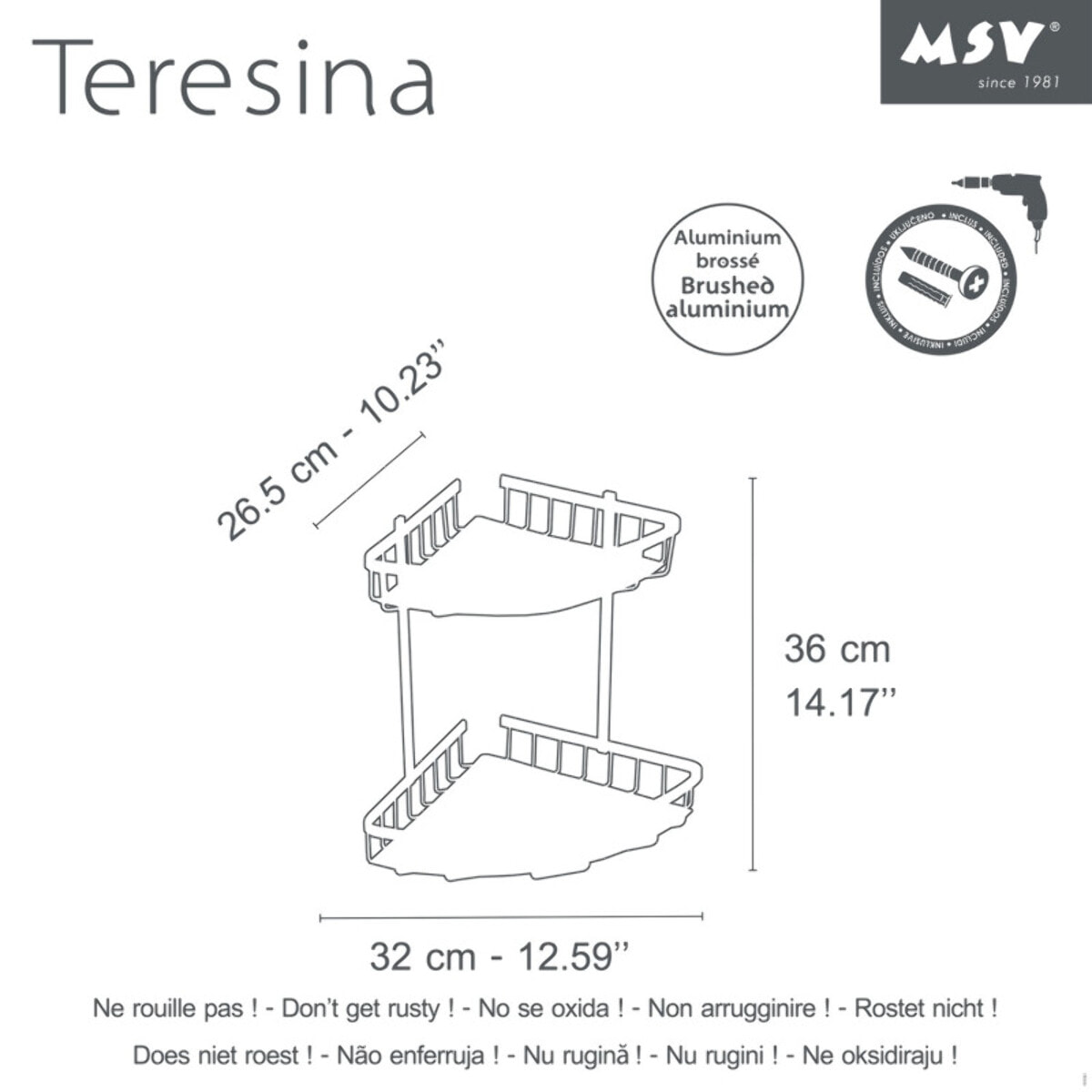 Etagère d'angle de douche 2 niveaux à  fixer TERESINA Alu Satiné MSV