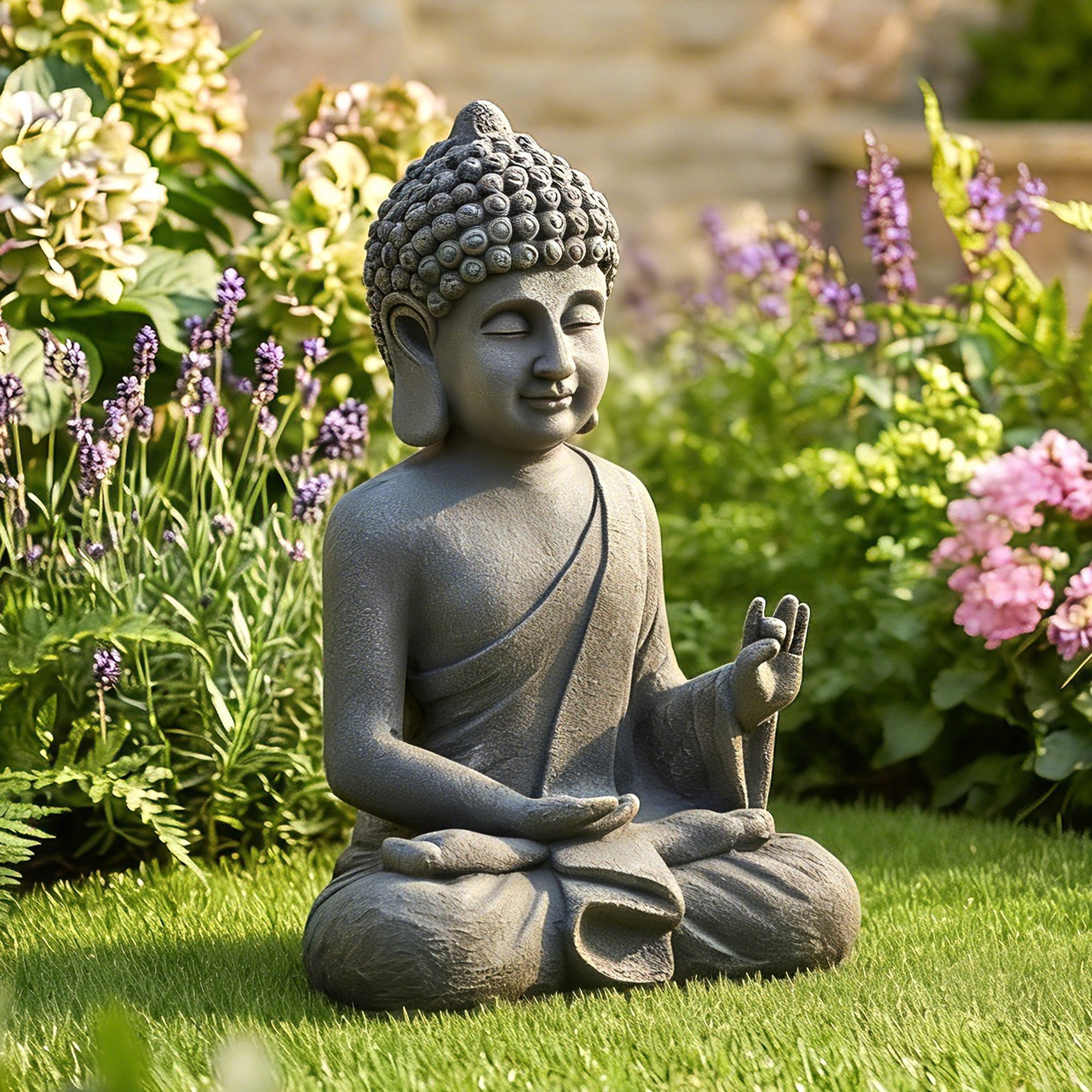 Statue de jardin bouddha assis effet pierre gris