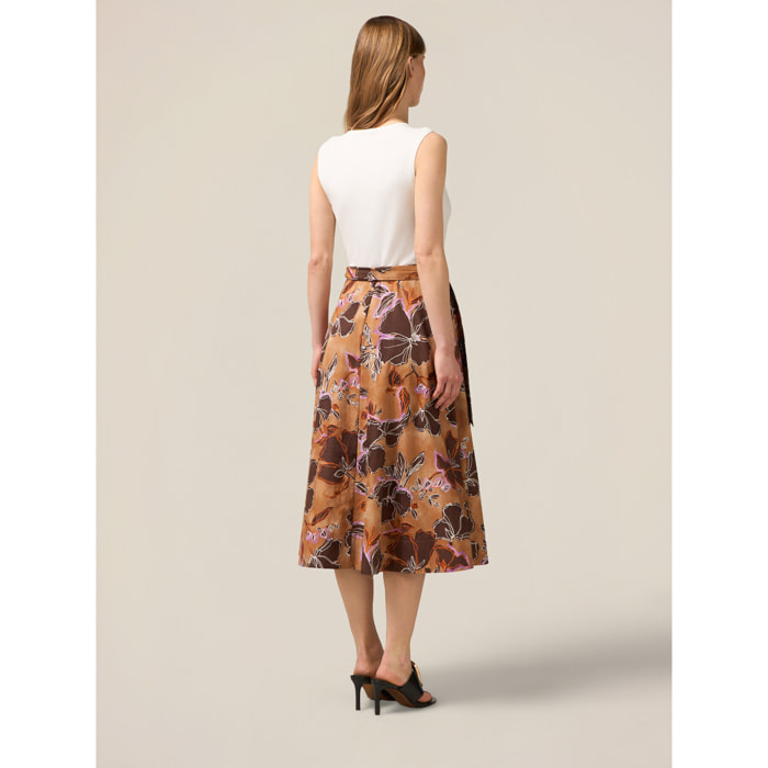 Oltre - Vestido evasé combinado con fajín - Marrón