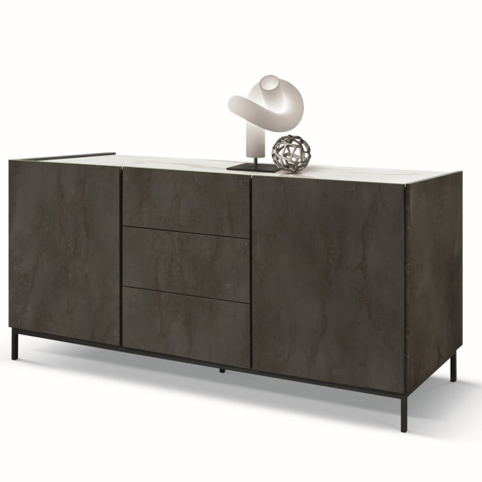 Credenza PIETRASANTA in legno, finitura in acciaio ossidato, piano effetto marmo statuario, 200x50 cm