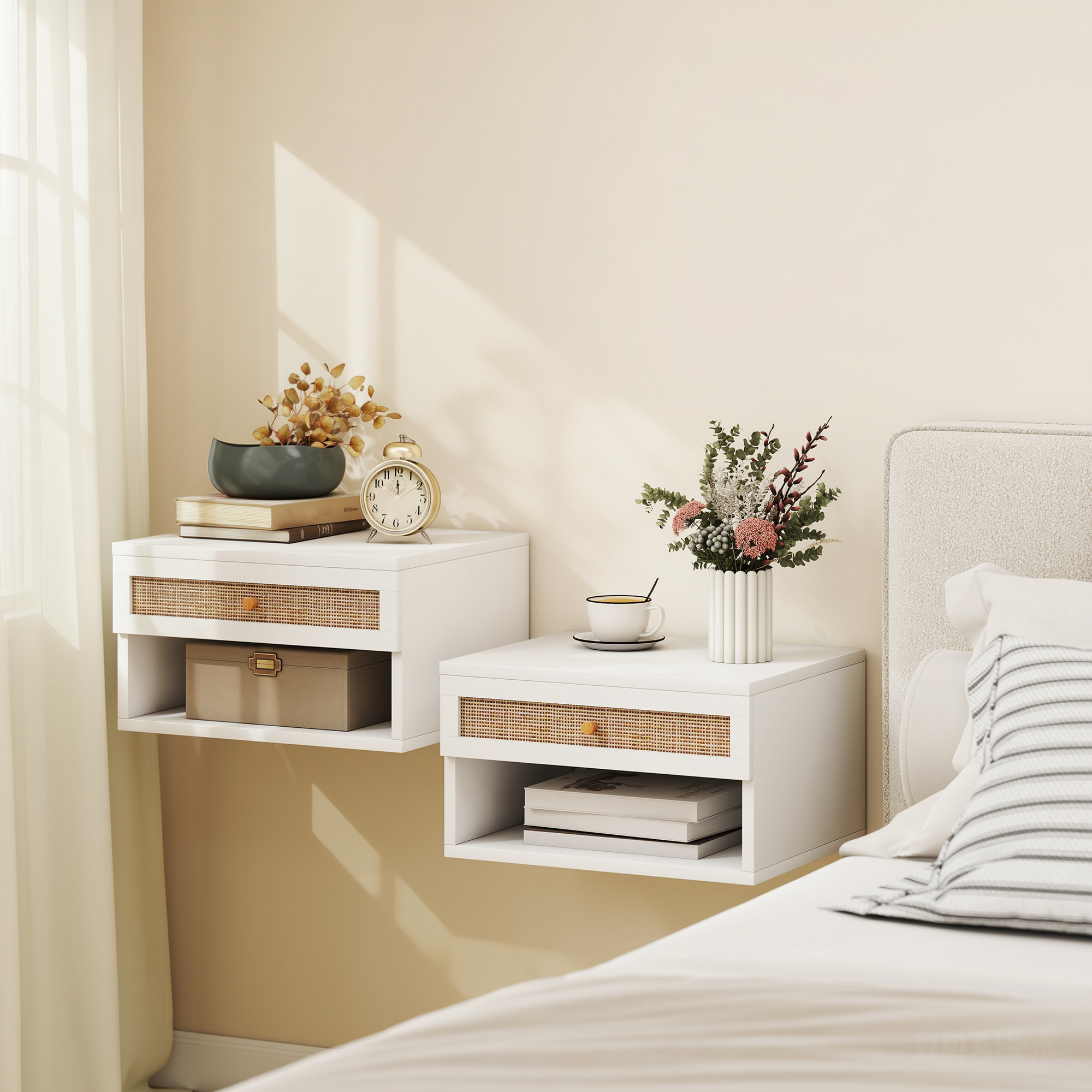 Juego de 2 Mesitas de Noche Flotantes de Pared con Cajón de Ratán y Estante Abierto, Mesillas de Noche Dormitorio de Estilo Nórdico, para Sala de Estar, 40x34x23 cm, Blanco