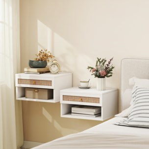 Juego de 2 Mesitas de Noche Flotantes de Pared con Cajón de Ratán y Estante Abierto, Mesillas de Noche Dormitorio de Estilo Nórdico, para Sala de Estar, 40x34x23 cm, Blanco