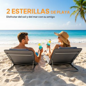 Conjunto de 2 Esterillas de Playa Plegables, Esterillas con Respaldo Reclinable en 5 Niveles, Reposacabezas y Bolsa de Transporte, 134x48x33-43 cm, Gris
