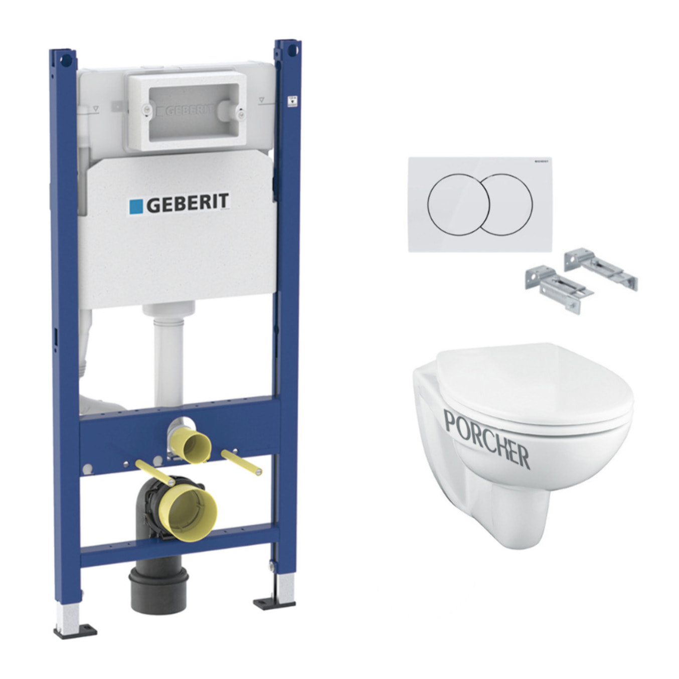 Pack WC Bati-support Geberit Duofix + Cuvette suspendue Porcher sans bride + Abattant Ideal Standard ASTOR + Plaque blanche (Por