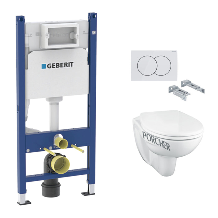 Pack WC Bati-support Geberit Duofix + Cuvette suspendue Porcher sans bride + Abattant Ideal Standard ASTOR + Plaque blanche (Por