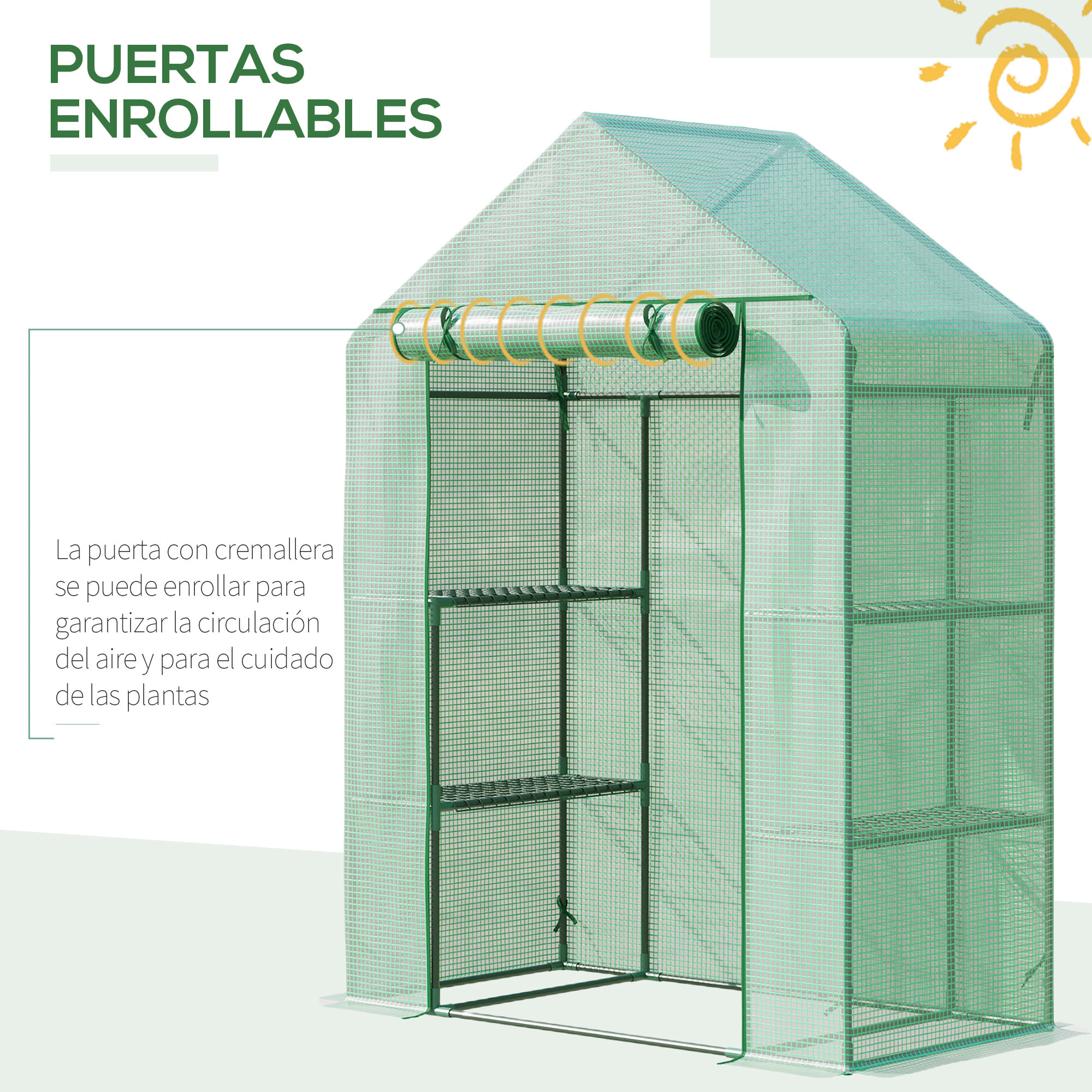Invernadero de Jardín 141x72x191 cm Vivero Casero con 4 Estantes Puerta Enrollable Cubierta de PE 140g/m² y Marco de Acero para Cultivos Plantas Macetas Flores Verde