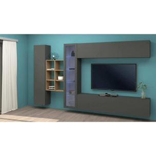 Parete attrezzata Dino, Set salotto porta TV a 4 ante, Mobile soggiorno multiuso con vetrina e luce LED, 100% Made in Italy, cm 280x30h180, Antracite e Acero