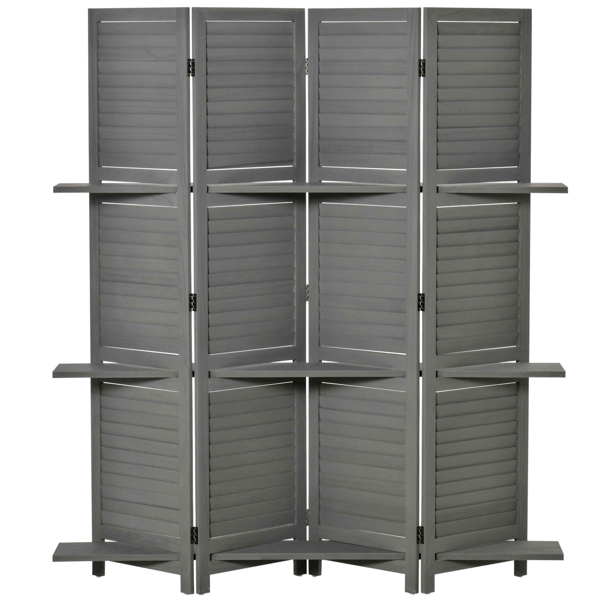 Paravent intérieur 4 panneaux 3 étagères pliables séparateur de pièce portes persiennes bois de paulownia gris