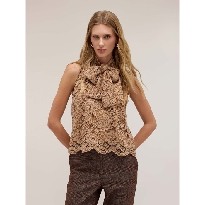 Motivi - Blusa in pizzo con fiocco - Beige