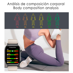 Smartwatch TK18. Llamadas Bluetooth con funciones avanzadas de salud: medición de glucosa, lípidos y ácido úrico, temperatura corporal, ECG, EDA, micro examen físico y composición corporal.