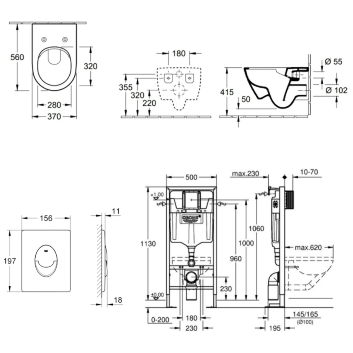 Pack wc suspendu sans bride Subway 2.0 + abattant + plaque chromée + bâti Grohe
