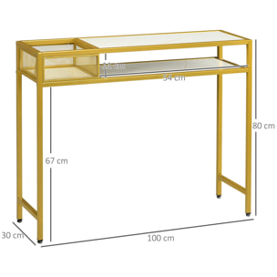 Mesa Consola Mesa de Entrada con Estante Cesta de Almacenamiento y Marco de Acero Mueble Recibidor para Salón Pasillo Carga 50 kg 100x30x80 cm Oro y Blanco