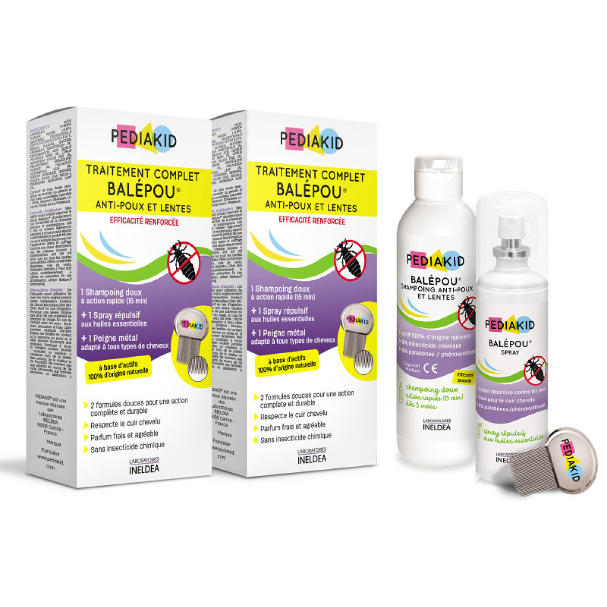 PEDIAKID - Traitement complet Balépou anti-poux et lentes - 1 Shampoing Anti-Poux et Lentes 200 ml + 1 Spray Répulsif 100 ml + 1 peigne - Lot de 2