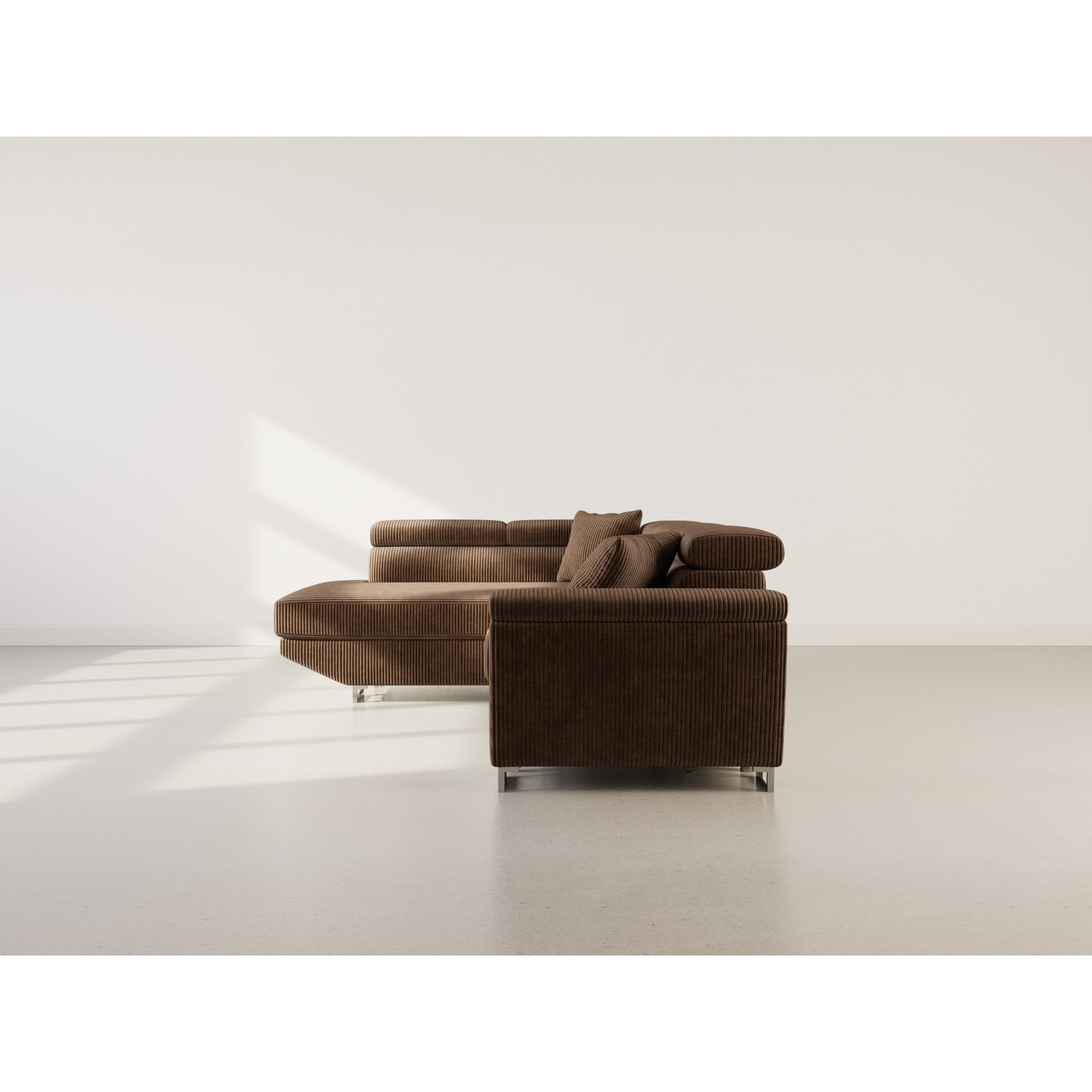 Baoji - Canapé d'angle gauche 5 places convertible avec têtières et coffre en velours côtelé - Marron