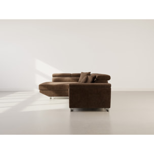 Baoji - Canapé d'angle gauche 5 places convertible avec têtières et coffre en velours côtelé - Marron