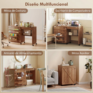 Mesa de Costura Plegable, Mesa Máquina de Coser con Puerta Magnética, 2 Compartimentos, Estante, 18 Soportes para Hilos, 5 Ruedas, Ahorro de Espacio, Marrón
