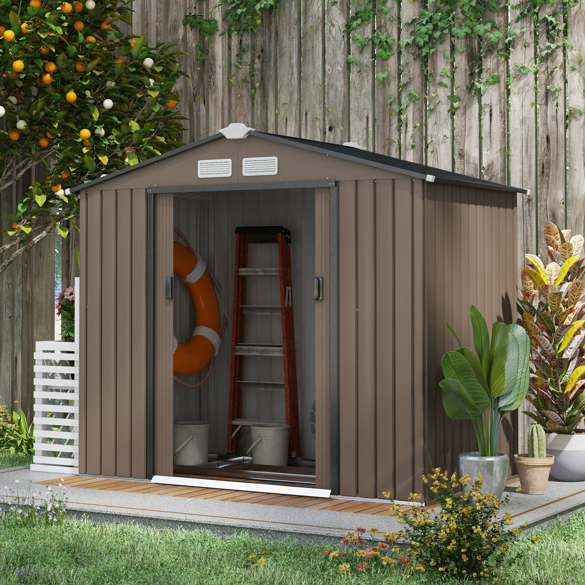 Cobertizo de Jardín con Base 213x130x185 cm Caseta de Jardín Exterior con 2 Puertas Correderas y 4 Ventanas para Almacenamiento de Herramientas Marrón