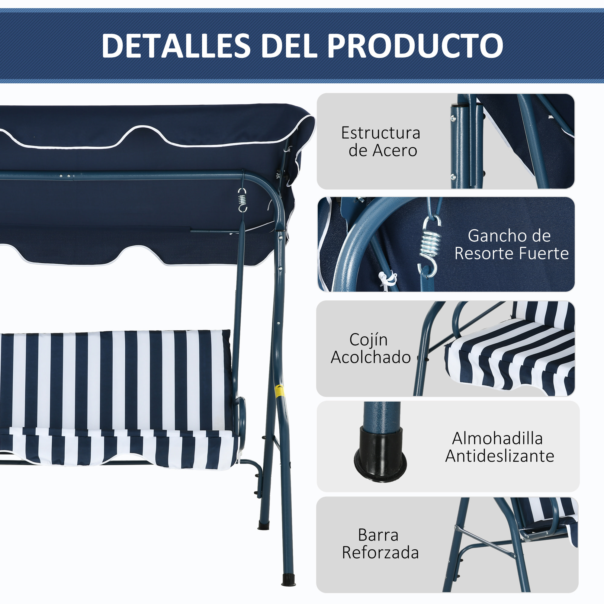 Columpio de Jardín de 2-3 Plazas, Balancín de Exterior con Toldo Ajustable en Ángulo, Impermeable y Marco de Acero, para Patio, Balcón, 170x110x153 cm, Azul