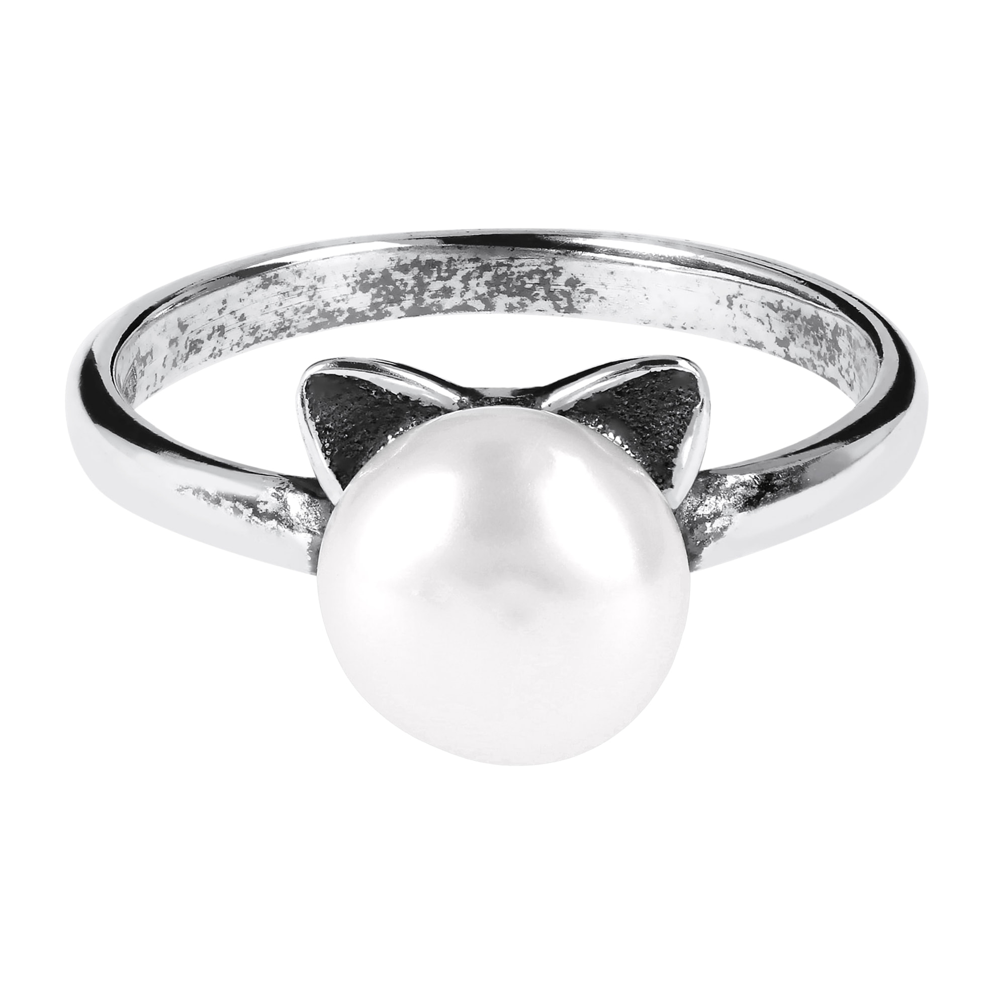 PERLAVIVA - Anello Solitario Gatto in Argento 925 placcato Rodio con Perla Bianca d'Acqua Dolce Ø8mm