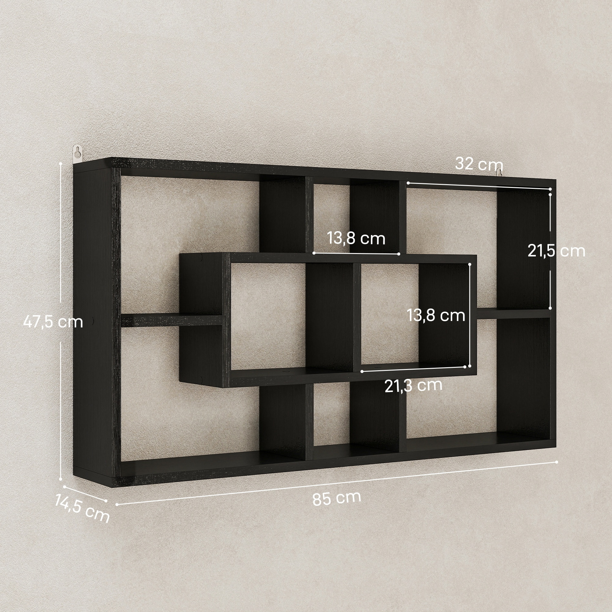 Estante de Pared Decorativo, Estantería para Libro, CDs, Baldas Flotantes con 8 Cubos, 85x14,5x47,5 cm, Carga 20kg, para Oficina, Estudio, Salón, Negro