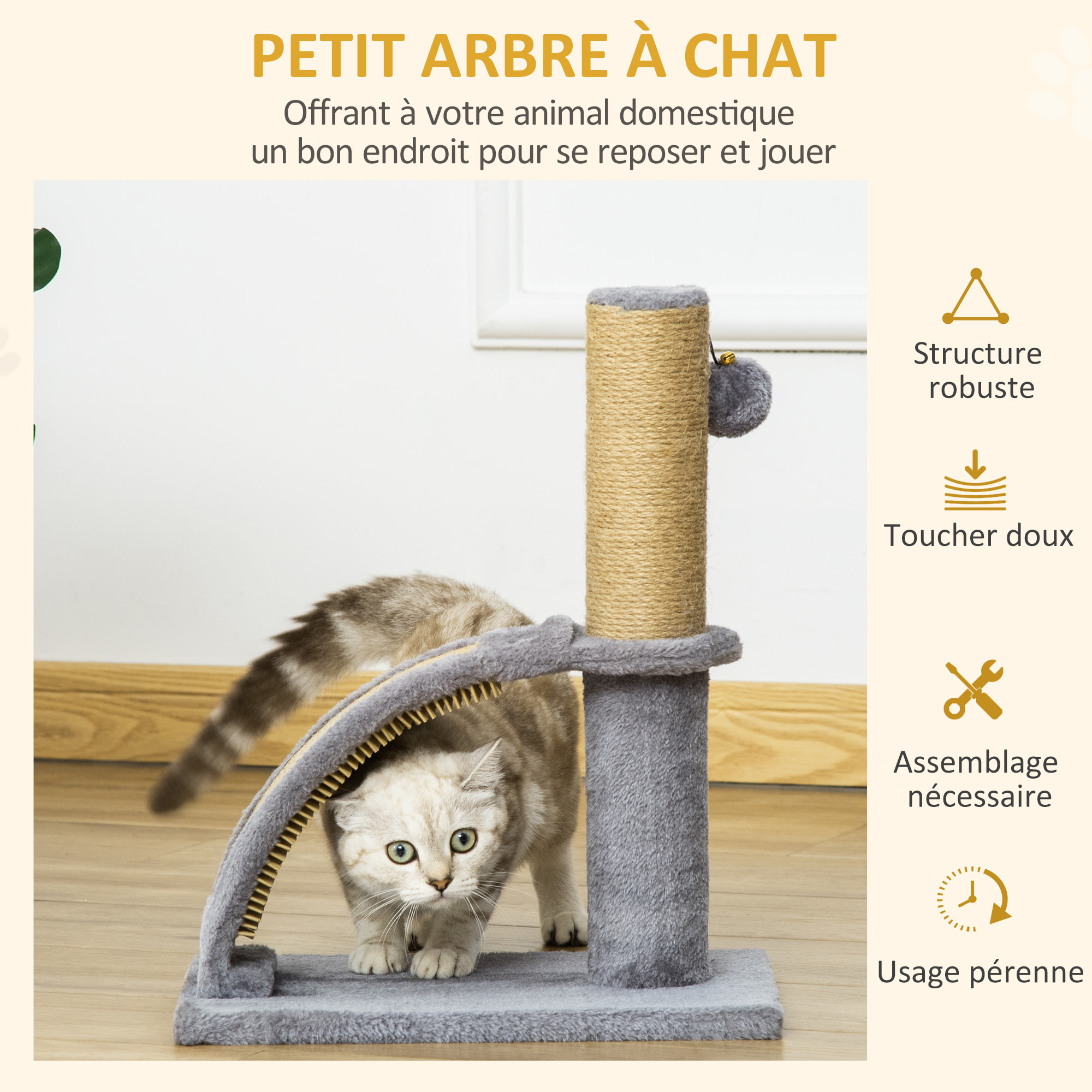 Arbre à chat griffoir grattoir design jeu boule suspendue + demi-arc de massage peluche jute naturelle gris