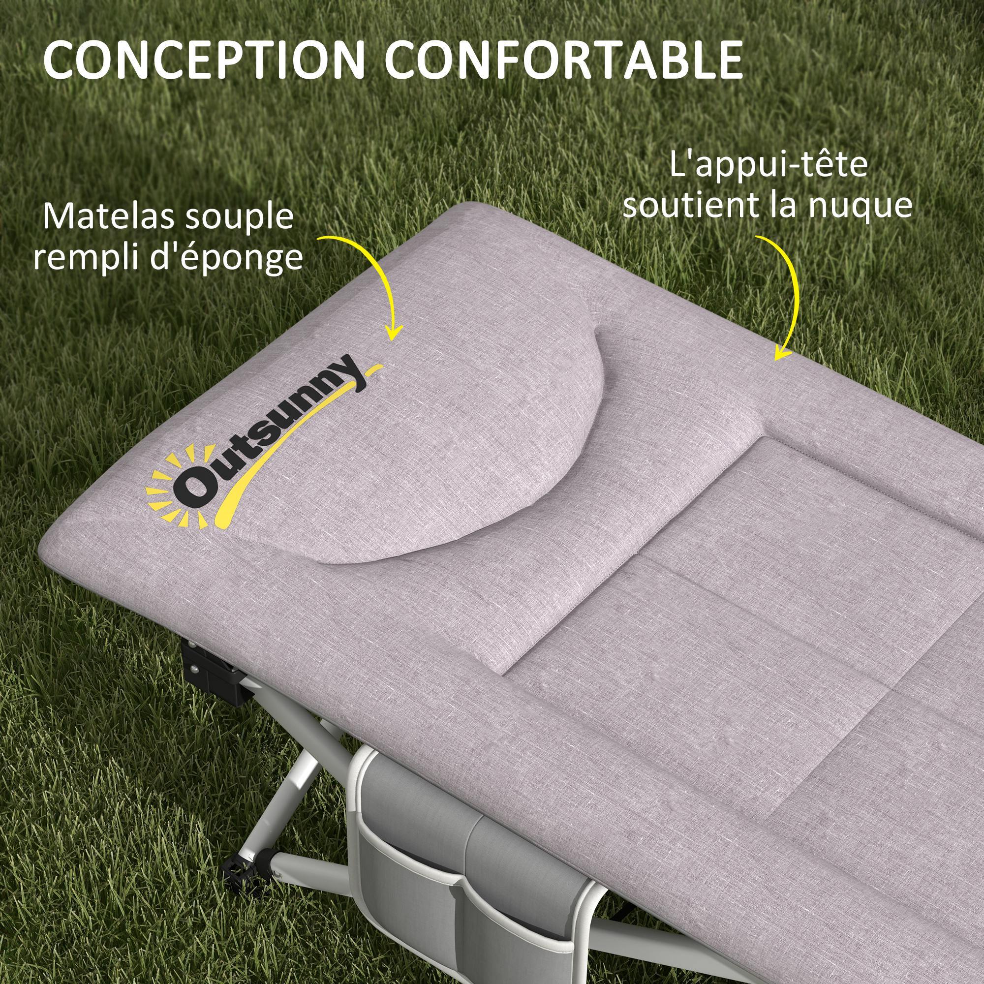 Lit de camp pliable avec matelas et sac de transport gris