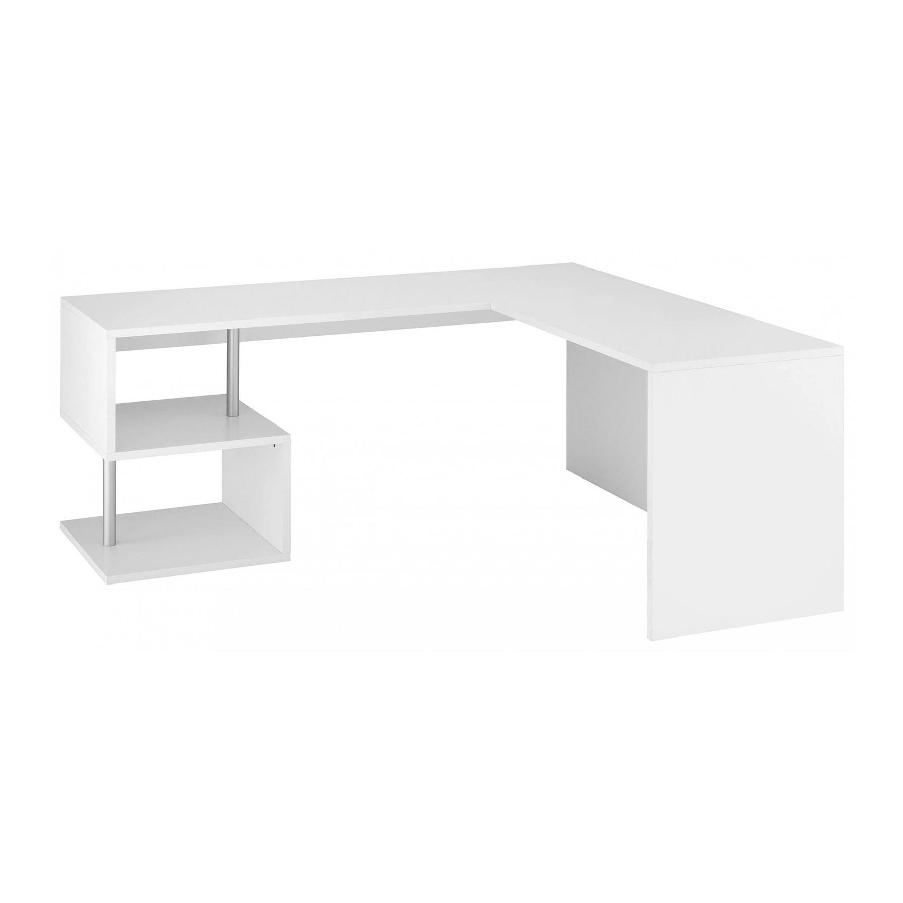 Scrivania ad angolo per ufficio e studio con scaffale, Made in Italy, Tavolo da computer, Scrittoio porta PC, cm 160x60h78, colore Bianco lucido