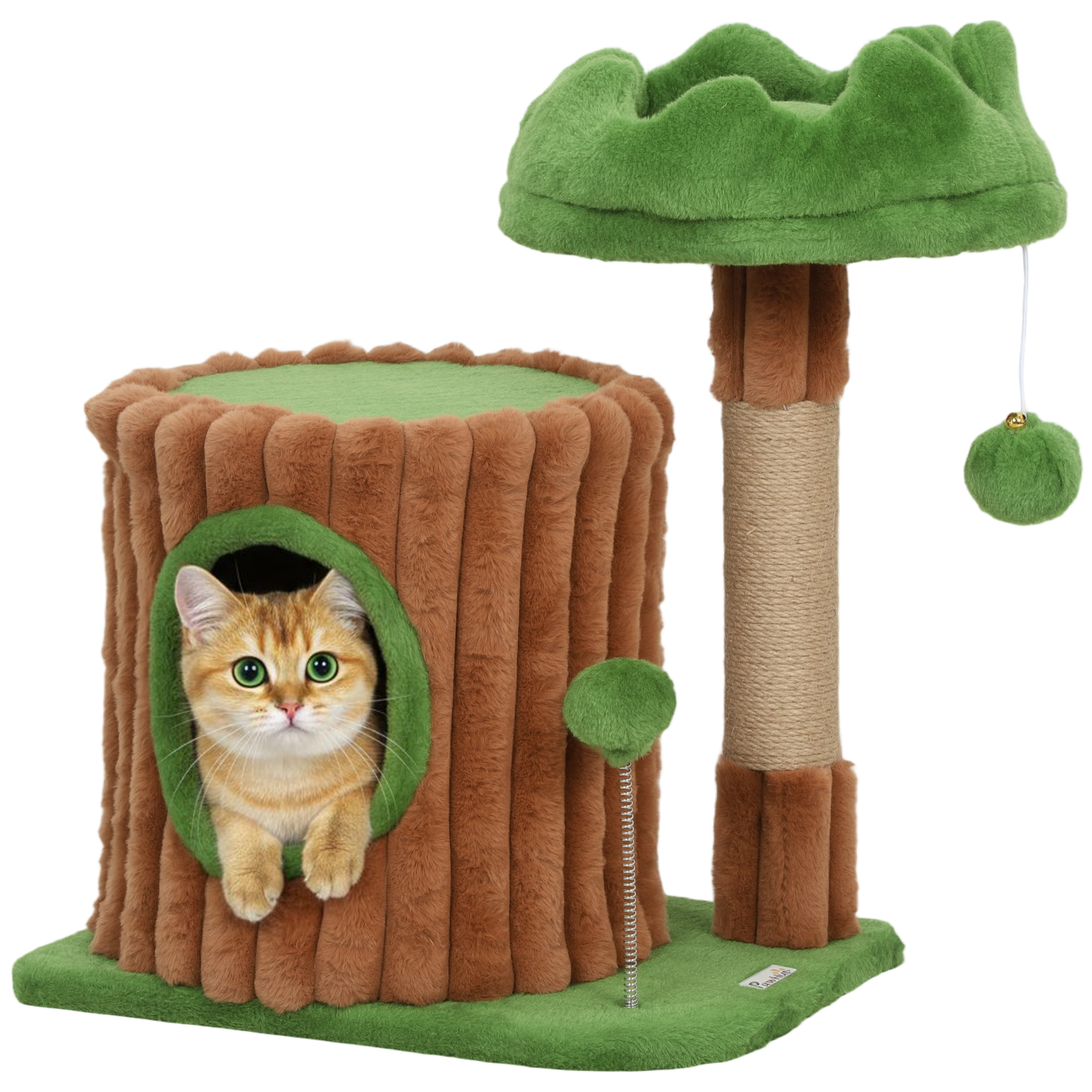 Árbol Rascador para Gatos, Árbol para Gatos 53 cm, Diseño de Tronco, Torre Escalador con Casita, Cama, Poste de Yute, Bolas Colgantes, Marrón y Verde