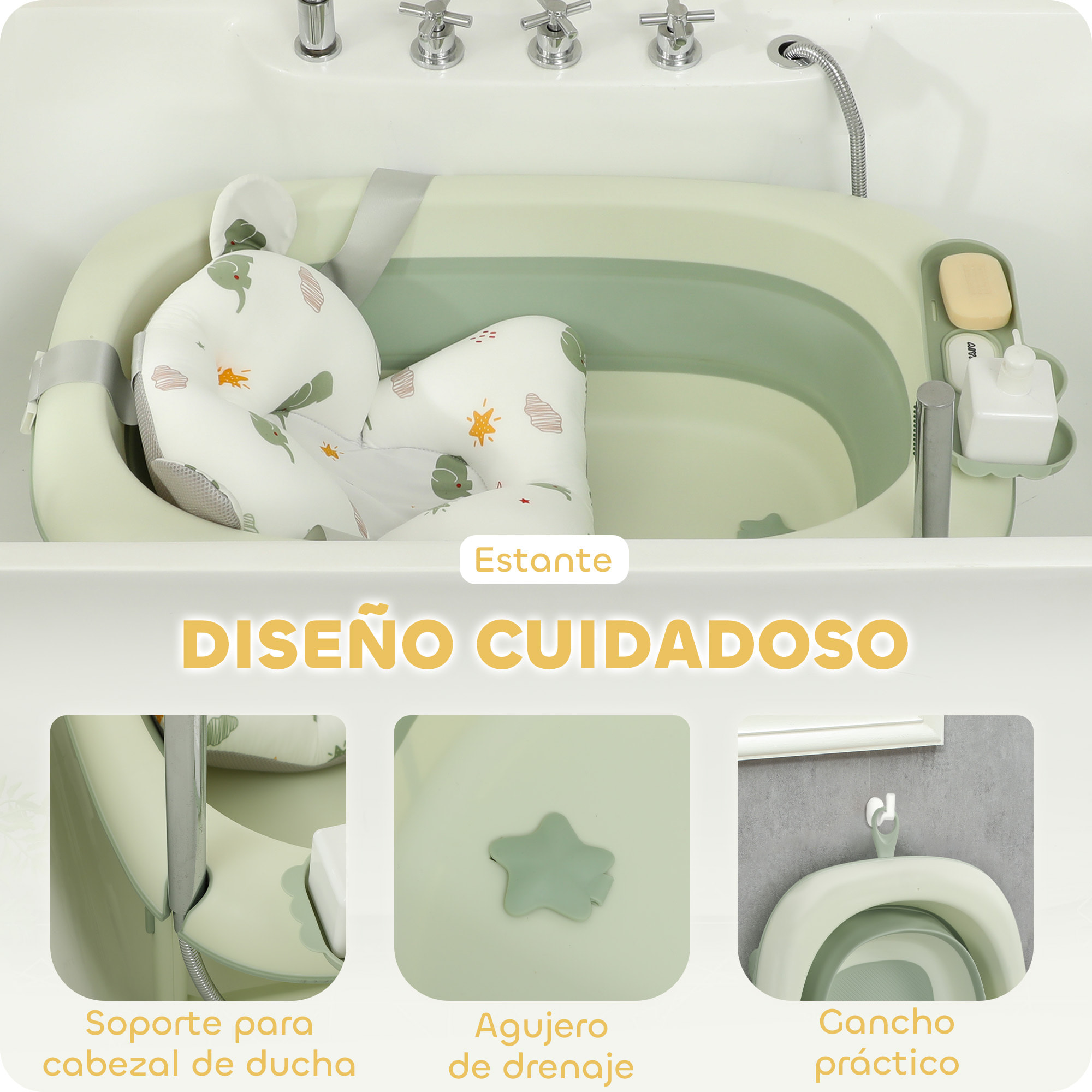 Bañera Plegable Bebé, Bañera Portátil con Cojín de Baño, Soporte con Botón, Orificio de Drenaje y de Ducha, Repisa, Gancho, para Recién Nacidos y Bebé hasta 3 Años, Verde