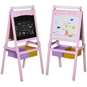 Pizarra Infantil Caballete 3 en 1 Pizarra de Doble Cara Caballete para Niños de +3 Años con Rollo de Papel y 2 Cestas de Almacenamiento 58,5x50,5x118 cm Rosa