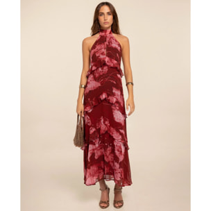 Vestido midi sin mangas con cuello chimenea y volantes