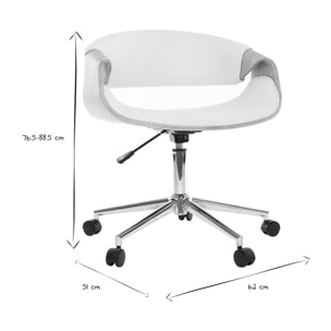 Chaise de bureau à roulettes design blanc, bois clair et acier chromé ARAMIS