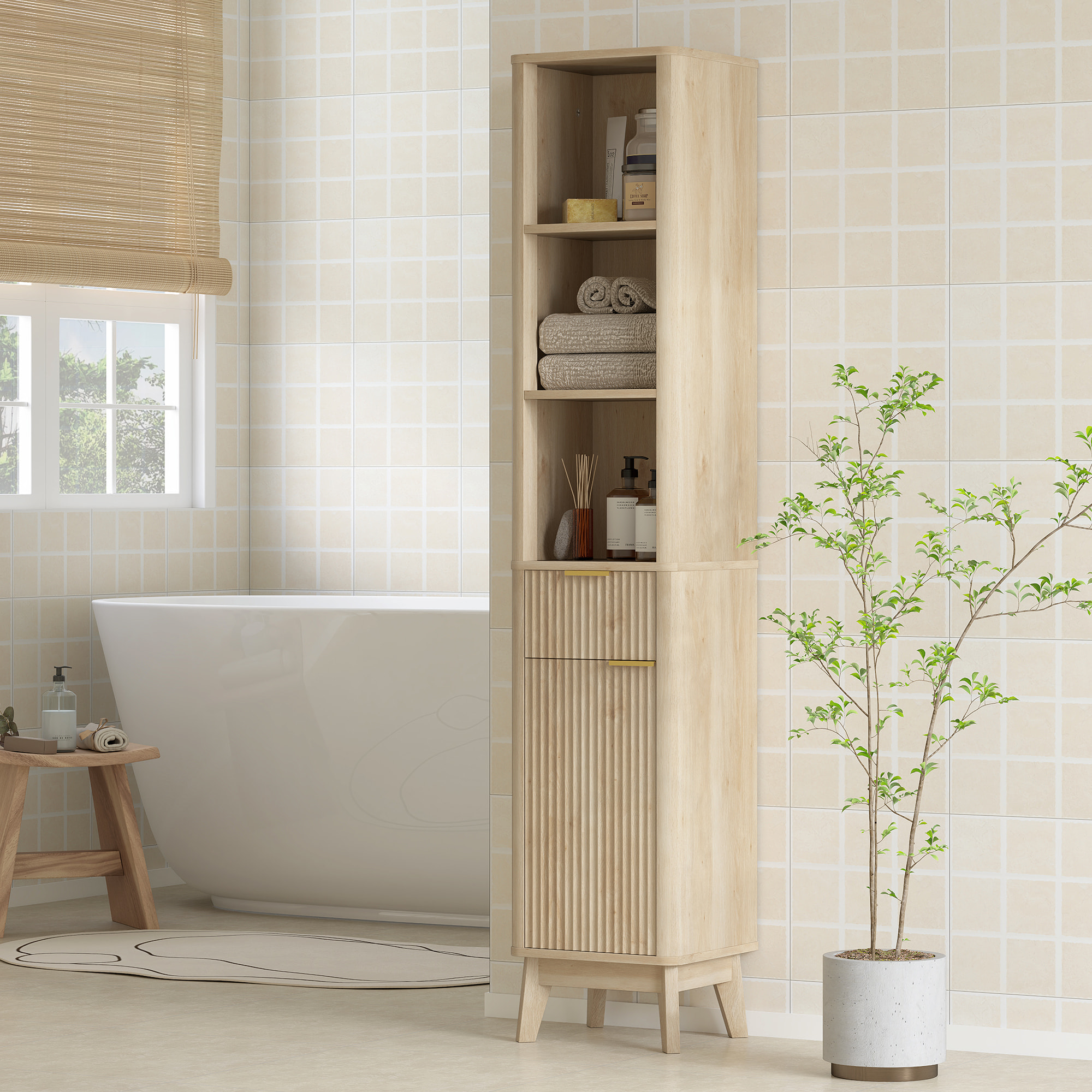 Columna de Baño Mueble de Baño Estrecho con Puerta de Acanalado Cajón 3 Compartimentos Abiertos y Estantes Ajustables Armario Alto de Baño Moderno 33x30x170 cm Natural