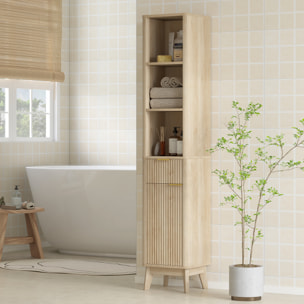 Columna de Baño Mueble de Baño Estrecho con Puerta de Acanalado Cajón 3 Compartimentos Abiertos y Estantes Ajustables Armario Alto de Baño Moderno 33x30x170 cm Natural