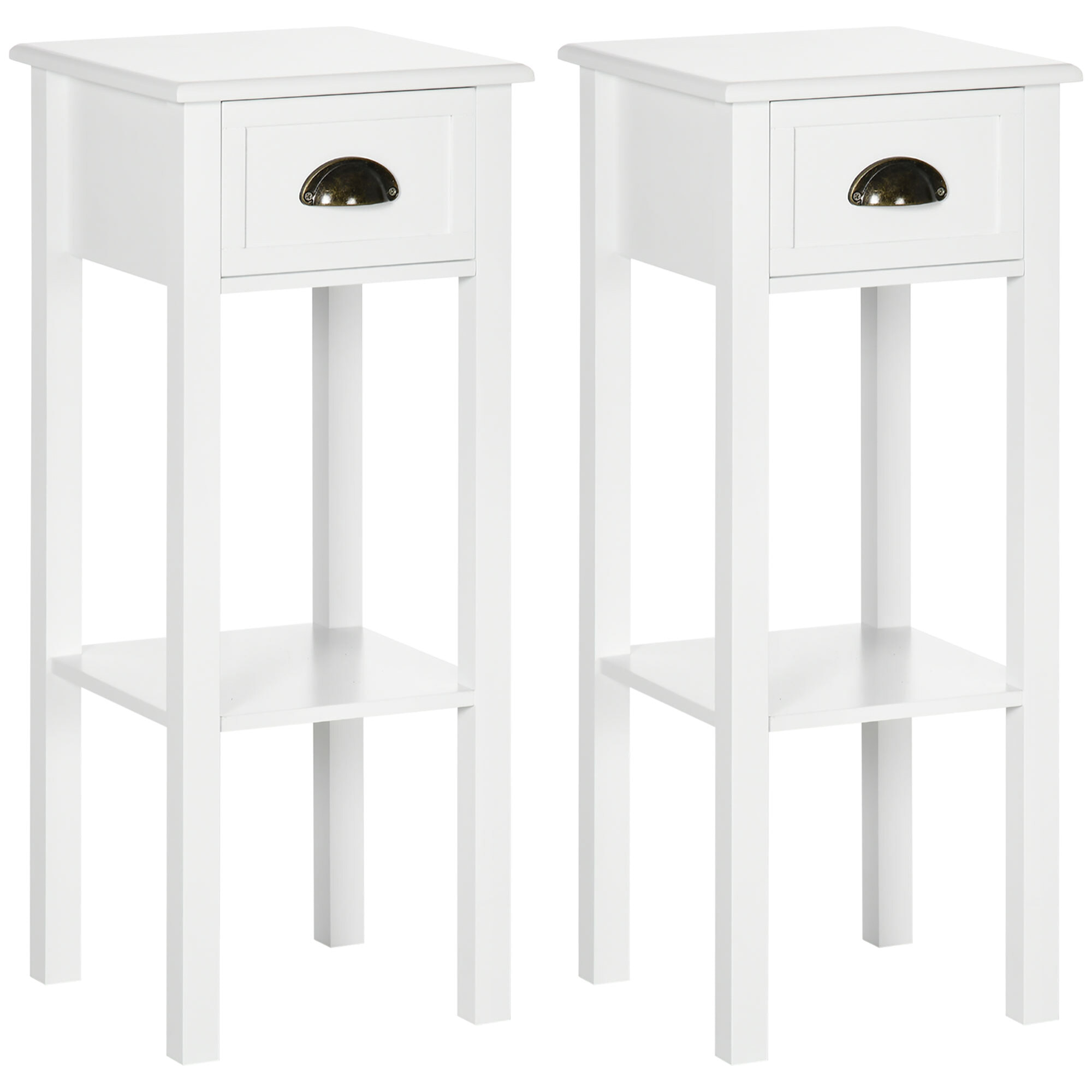 Conjunto de 2 Mesas Auxiliares Mesitas de Noche con Cajón y Estante de Almacenamiento Estilo Moderno para Salón Dormitorio 30x30x75 cm Blanco