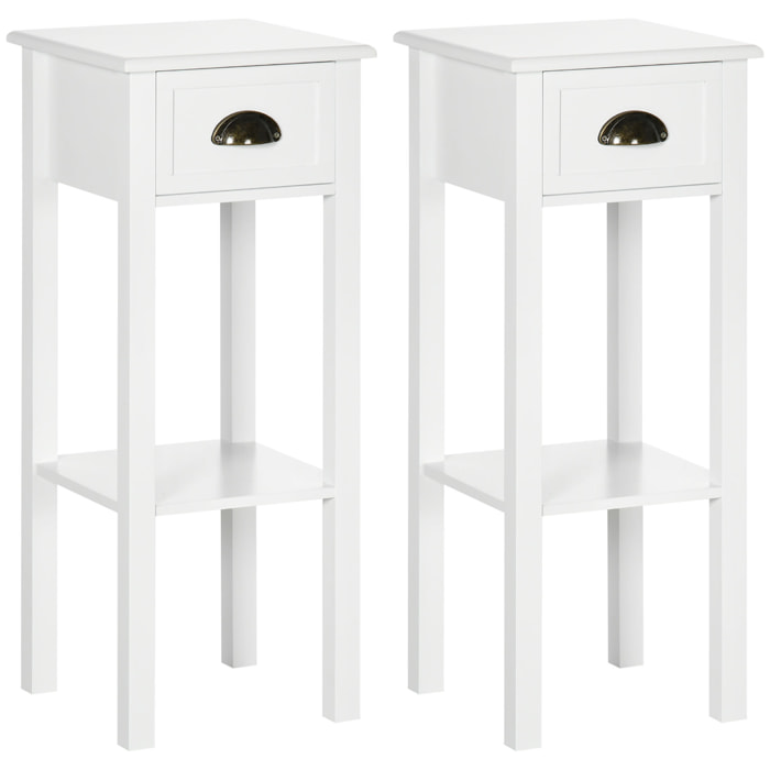 Conjunto de 2 Mesas Auxiliares Mesitas de Noche con Cajón y Estante de Almacenamiento Estilo Moderno para Salón Dormitorio 30x30x75 cm Blanco