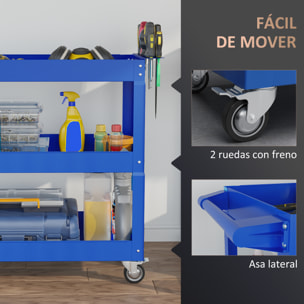 Carro de Herramientas con Ruedas Carro de Taller de Acero con 3 Estantes de Almacenamiento y Asa Lateral para Garaje Mecánico Hogar Carga 150 kg 83x35,3x76 cm Azul