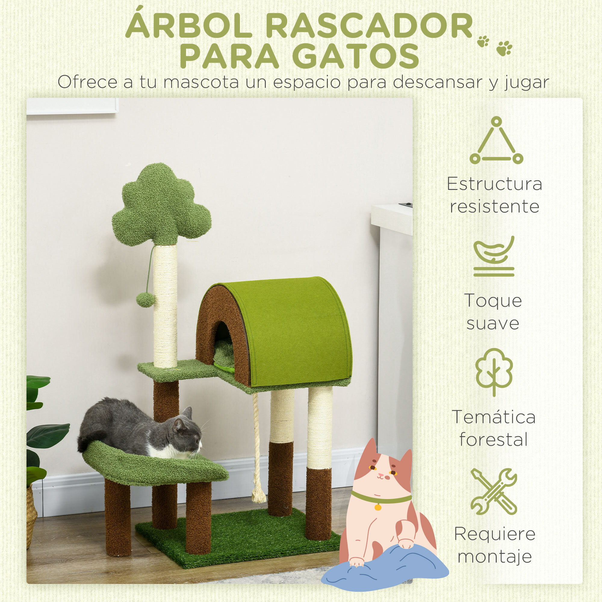 Árbol Rascador para Gatos Mediano 107 cm Torre para Gatos Centro de Actividades para Gatitos con Nido Poste de Sisal Césped Falso y Bola Colgante 49x40x107 cm Verde