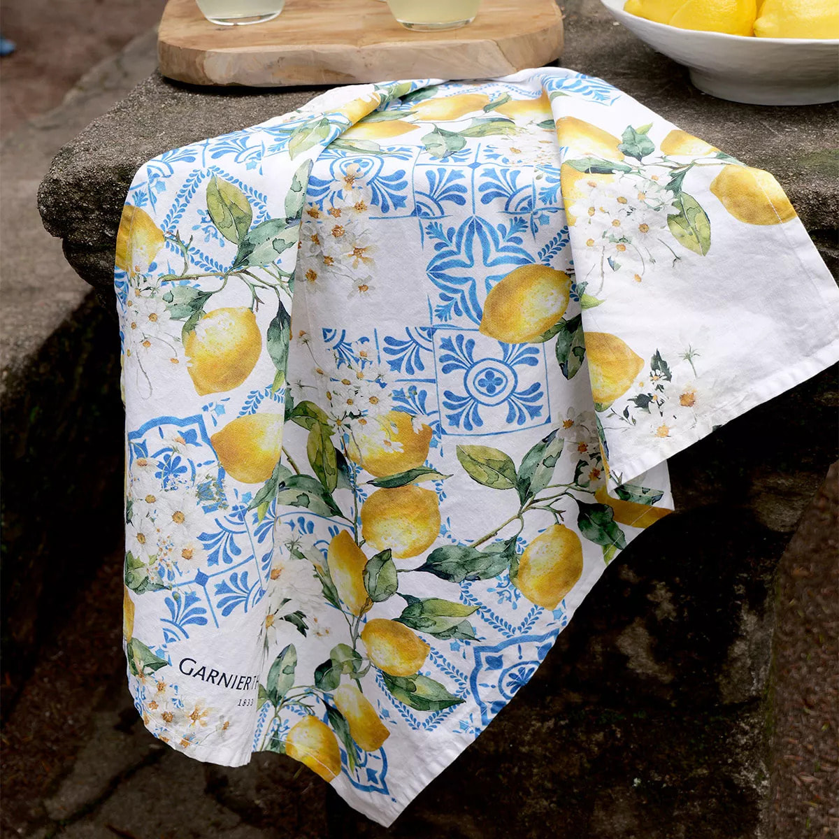 Torchon lin & coton lavé 190 g/m² imprimé bleu jaune Citrons azulejos bleu