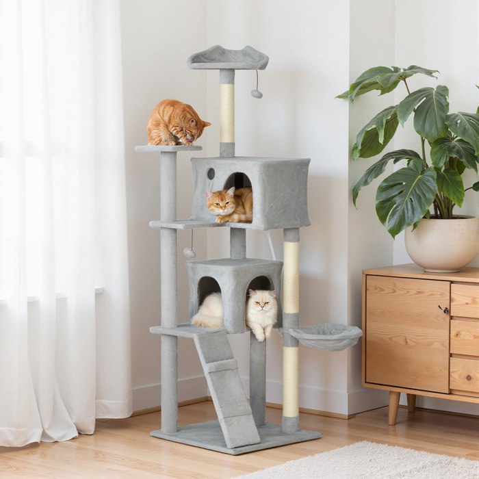 Arbre à chat grande taille H.180cm - niches, hamac, griffoirs, plateformes - gris clair