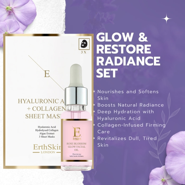 Aceite facial iluminador Rose Blossom + mascarilla de ácido hialurónico y colágeno (3 láminas)