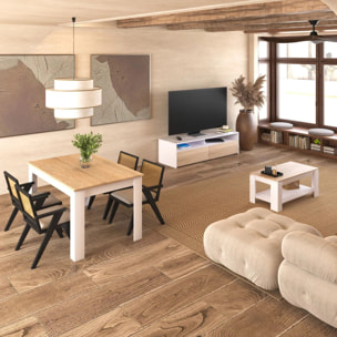 Pack mesa de comedor 140 y mesa de centro Lya Blanco Artik (Blanco Mate) - Roble Canadian