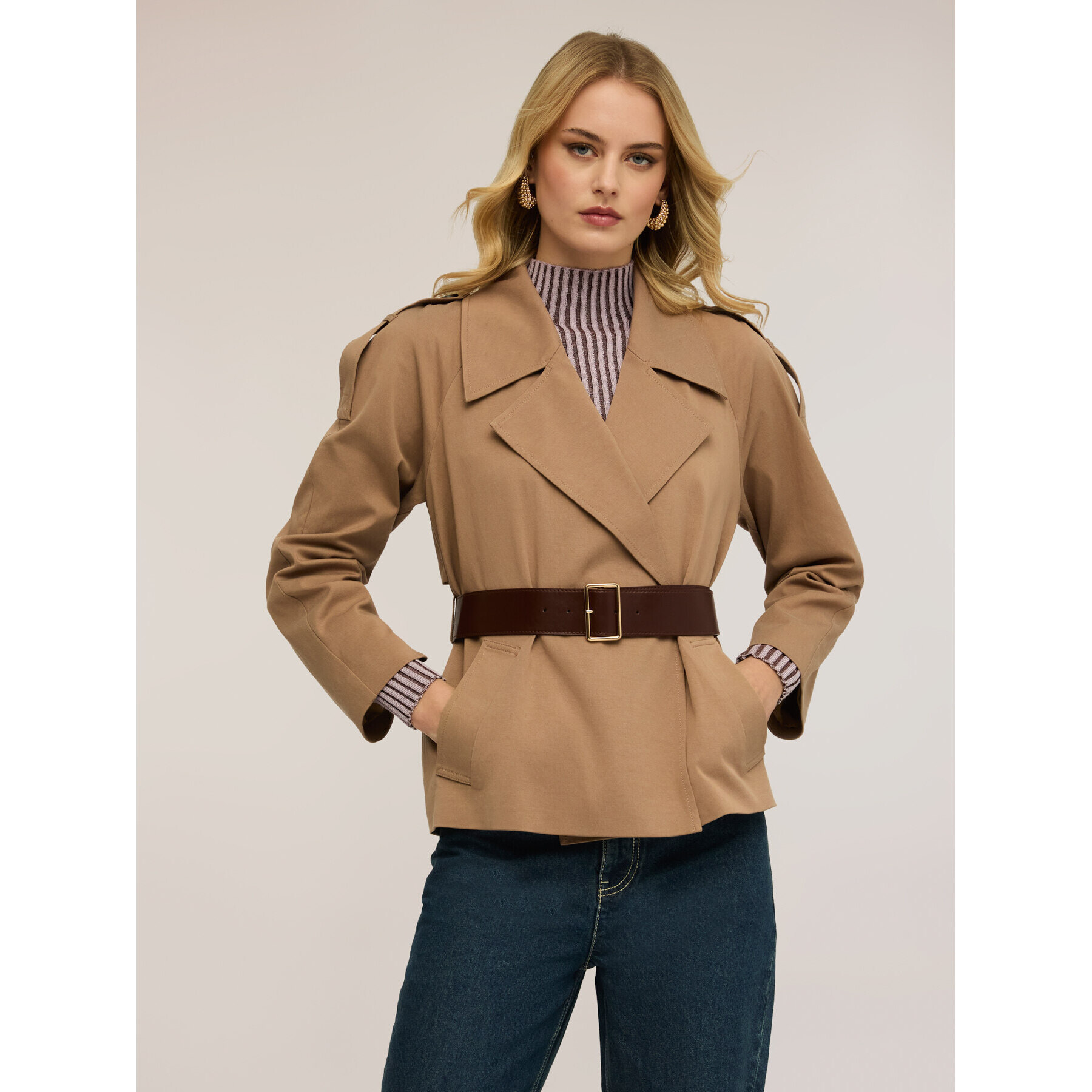 Motivi - Trench corto misto lyocell con cintura - Beige