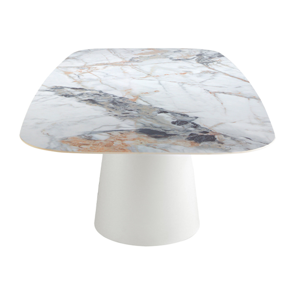 Mesa comedor Angel Cerdá ovalada barril con tapa fija de mármol porcelánico blanco con vetas en tonalidades grises y marrones en acabado brillo 238x110x76cm