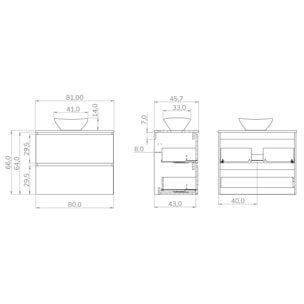 YINU SALLE DE BAIN | 80 CM NOIR - SOLOMON | DEUX TIROIRS | AVEC LAVABO SUR PLAN | N'INCLUT PAS LE MIROIR | ALDAY