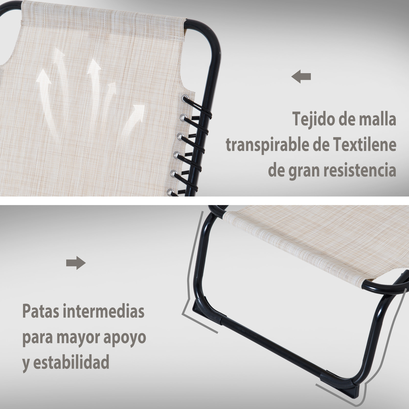 Tumbona Plegable, Tumbona Jardín Exterior Reclinable 4 Posiciones con Reposacabezas y Marco de Acero, Carga 120 kg, para Terraza, Piscina, Playa, 189x58x30 cm, Crema