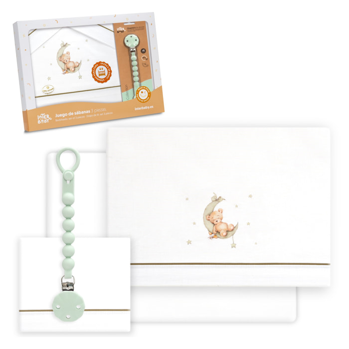 Triptico Cuna Estampado Oso Luna Estrellas + Broche Bco/Verde