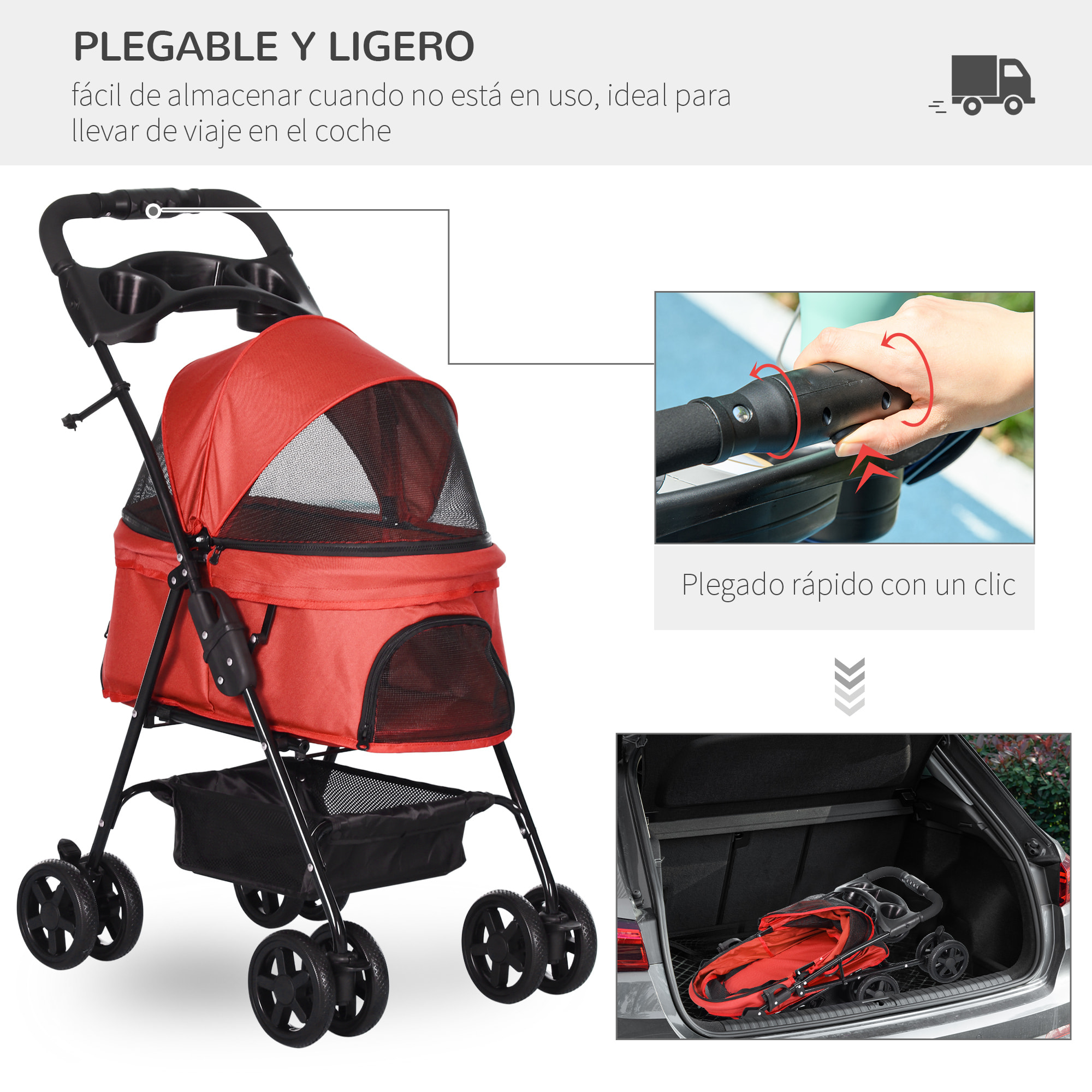 Cochecito para Mascotas Plegable Carrito para Perros Desmontable Acero Tela Oxford Ruedas Giratorias Frenos Ventana para Perros Gatos Pequeñitos 67x45x96 cm Rojo