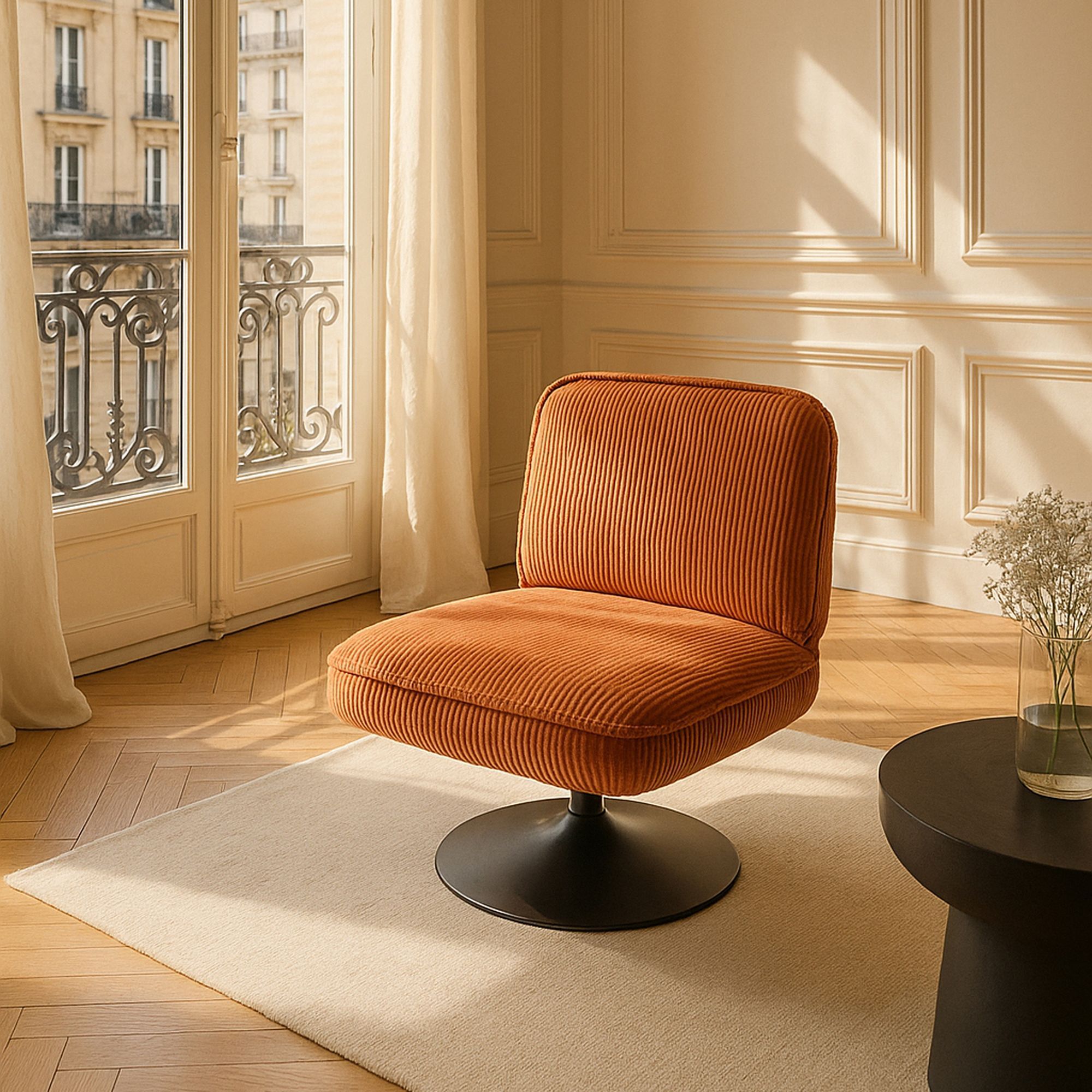 Fauteuil pivotant en velours terracotta et pied en métal noir FUNKY